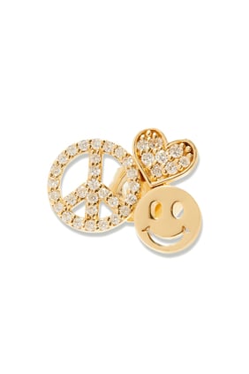 Peace, Love & Happiness Single Stud Earring, 14k Yellow Gold & Diamonds